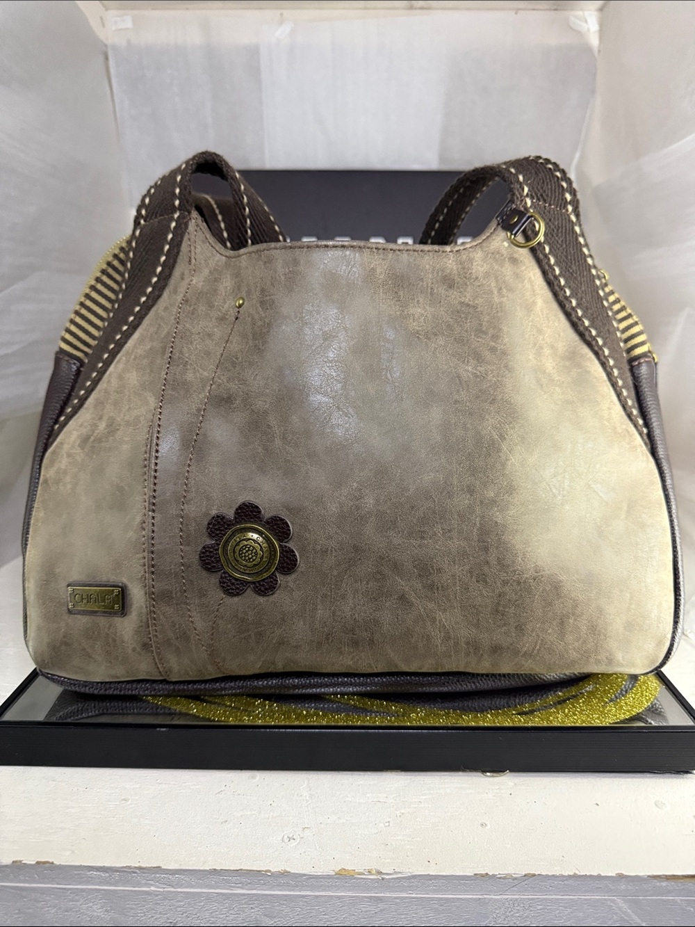 Chala Taupe Shoulder Bag with Dark Brown Floral Accent